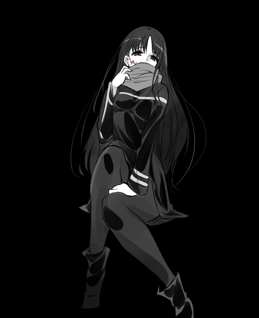 1girl absurdres adjusting_scarf black_theme glasgow_smile highres ishiyumi jacket kuchisake-onna_(ishiyumi) long_hair mechanical_buddy_universe monochrome no_pants pantyhose red_eyes scarf scarf_over_mouth science_fiction sidelocks solo spot_color track_jacket