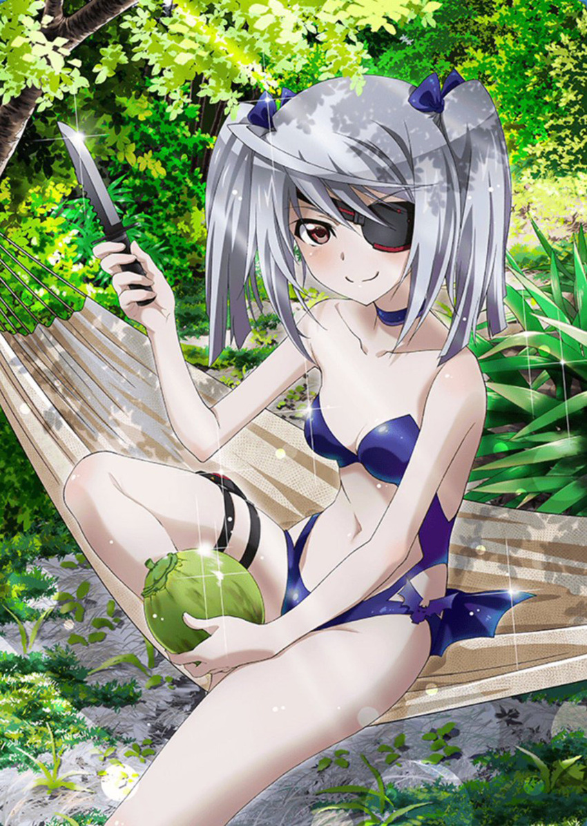 1girl absurdres artist_request blue_swimsuit breasts casual_one-piece_swimsuit coconut cowboy_shot eyepatch hammock highres hunting_knife infinite_stratos laura_bodewig long_hair looking_at_viewer nature navel official_art one-piece_swimsuit red_eyes silver_hair sitting small_breasts solo sparkle strapless strapless_swimsuit swimsuit third-party_source twintails
