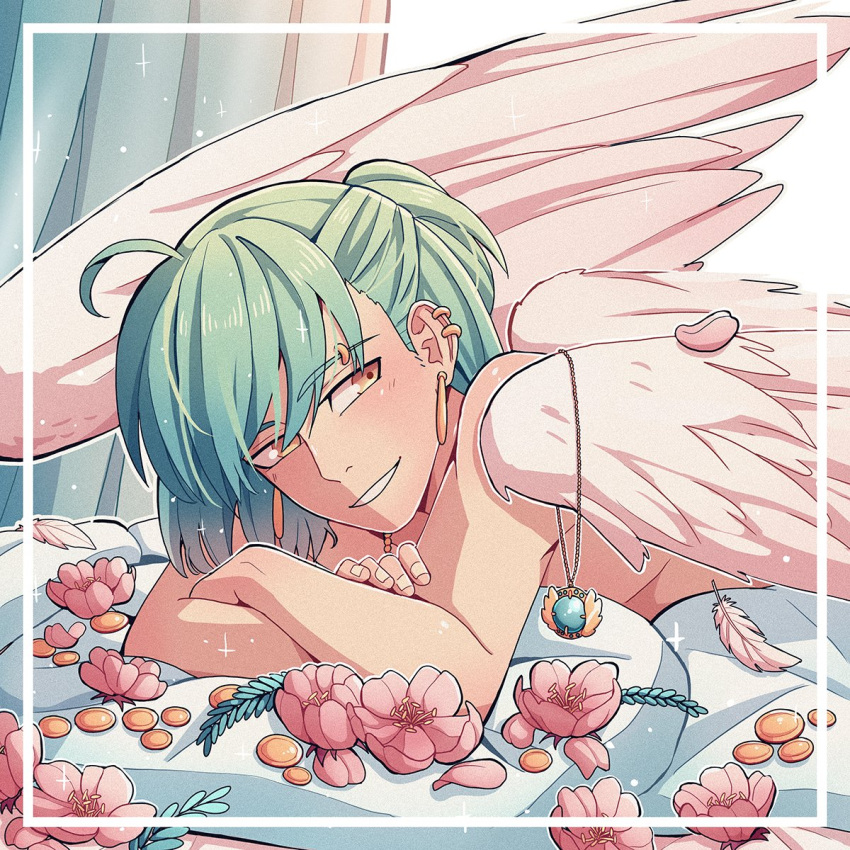 1boy ahoge androgynous angel_wings bangs cheer_(cheerkitty14) commentary earrings feathered_wings flower green_hair highres jewelry jewelry_removed looking_at_viewer lotus lying male_focus necklace necklace_removed on_stomach original pillow pink_flower shiny shiny_hair smile solo teeth white_wings wings