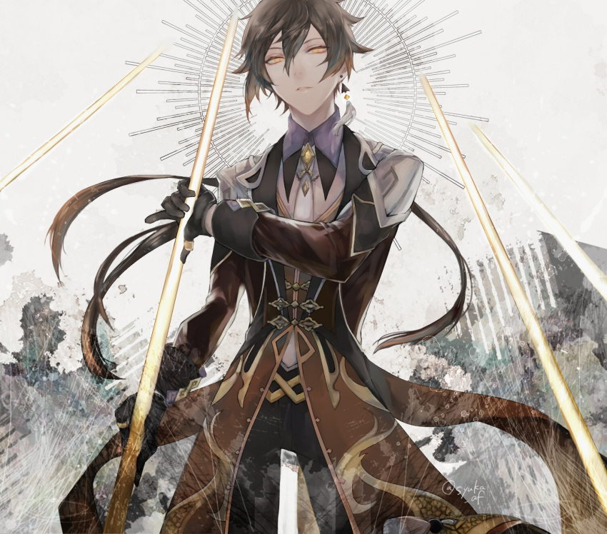 1boy bangs black_gloves black_hair brown_hair collared_shirt commentary_request earrings eyeliner eyeshadow formal genshin_impact gloves gradient_hair hair_between_eyes highres holding holding_spear holding_weapon jacket jewelry long_hair long_sleeves looking_at_viewer makeup male_focus multicolored_hair necktie open_mouth polearm ponytail red_eyeshadow shirt single_earring solo spear suit syuka_af tassel tassel_earrings thumb_ring weapon yellow_eyes zhongli_(genshin_impact)