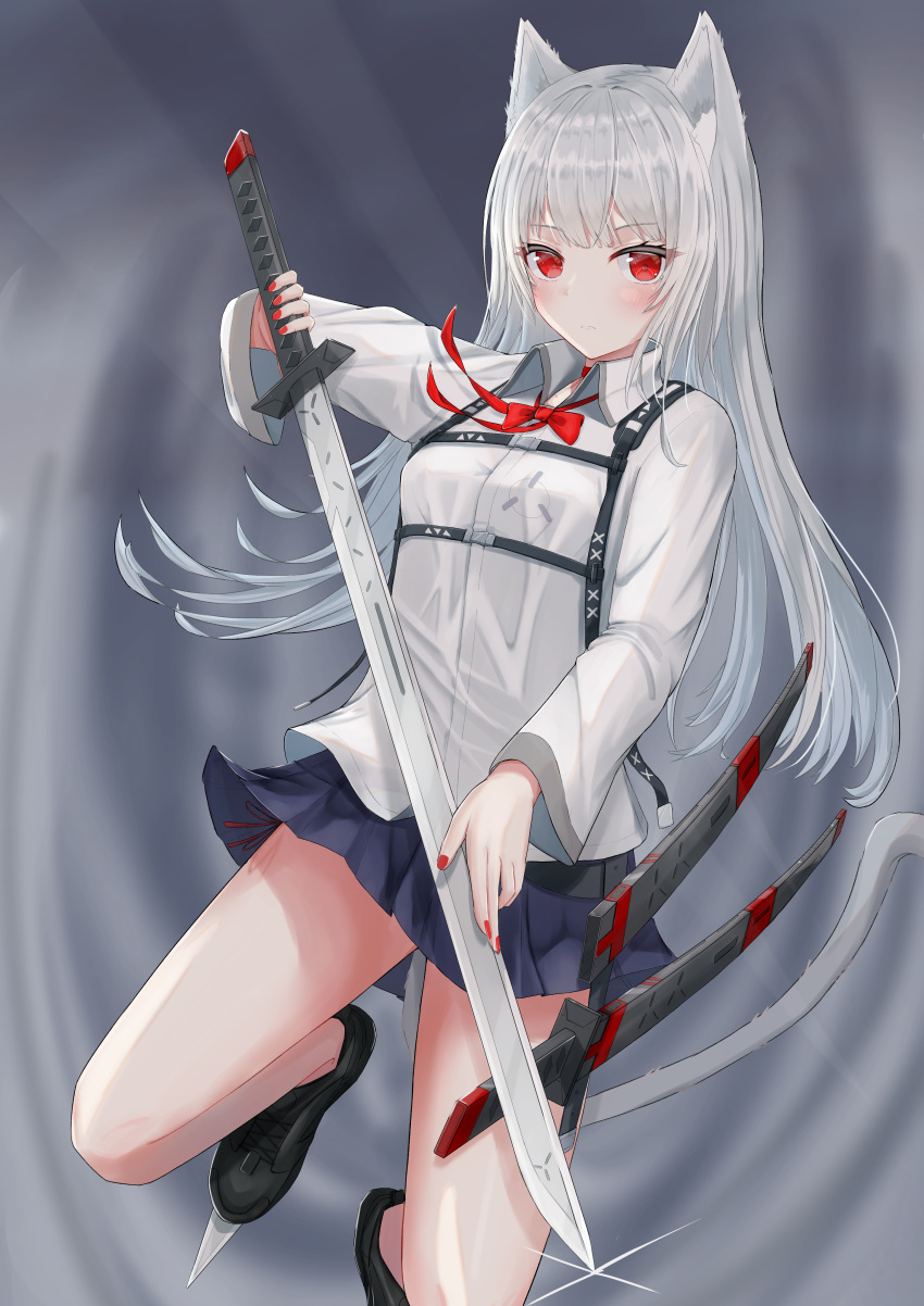 1girl absurdres animal_ear_fluff animal_ears bare_legs cat_ears cat_girl cat_tail expressionless highres holding holding_sword holding_weapon long_hair long_sleeves looking_at_viewer miniskirt original pleated_skirt red_eyes red_nails scabbard sheath sheathed shoe_blade silver_hair skirt sword tail tanshio weapon