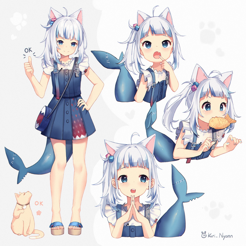 1girl animal_ears blue_dress blue_eyes blue_hair cat cat_ears collar dress fang fish_tail food gawr_gura hand_on_hip hands_together highres hololive hololive_english in_mouth kemonomimi_mode kuri_(animejpholic) multicolored_hair multiple_views official_alternate_costume open_mouth pointing pointing_at_self scar shark_tail side_ponytail silver_hair skin_fang streaked_hair tail taiyaki thumbs_up twitter_username virtual_youtuber wagashi