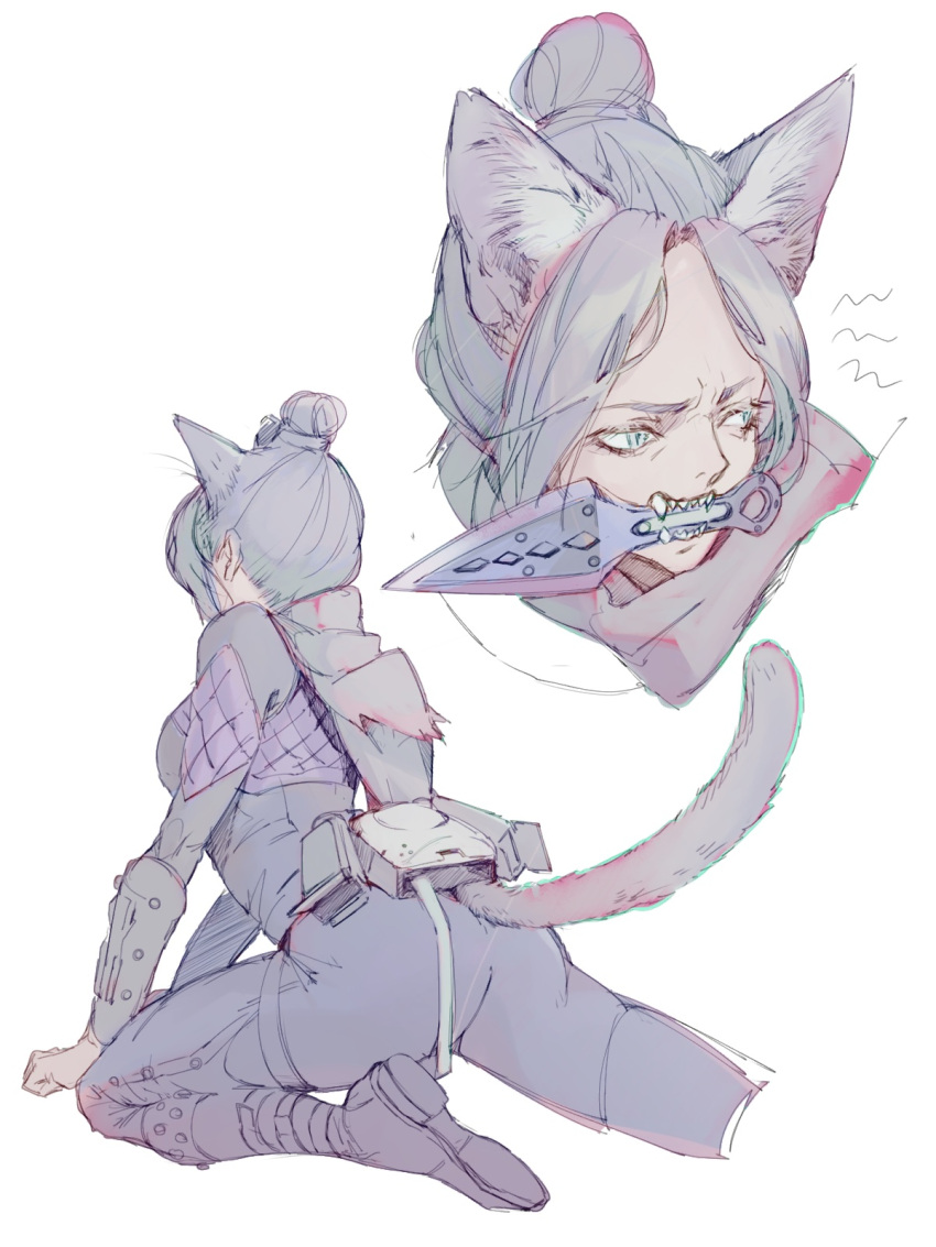 animal_ears apex_legends ass black_bodysuit black_scarf blue_eyes bodysuit cat_ears cat_girl cat_tail fangs hair_behind_ear hair_bun highres in_mouth kemonomimi_mode knife kunai looking_to_the_side multiple_views renee_shika_egakan scarf squatting tail weapon white_background wraith_(apex_legends)