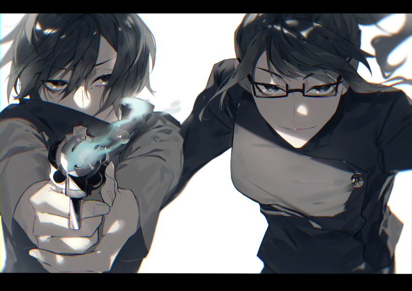 2girls aiming_at_viewer angry black_hair black_jacket commentary gakuran glasses green_eyes green_hair gun handgun highres jacket jujutsu_kaisen letterboxed long_hair multiple_girls pistol ponytail school_uniform semi-rimless_eyewear short_hair siblings simple_background sisters smile smirk smoke smoking_gun sou_230 upper_body weapon white_background zen'in_mai zen'in_maki