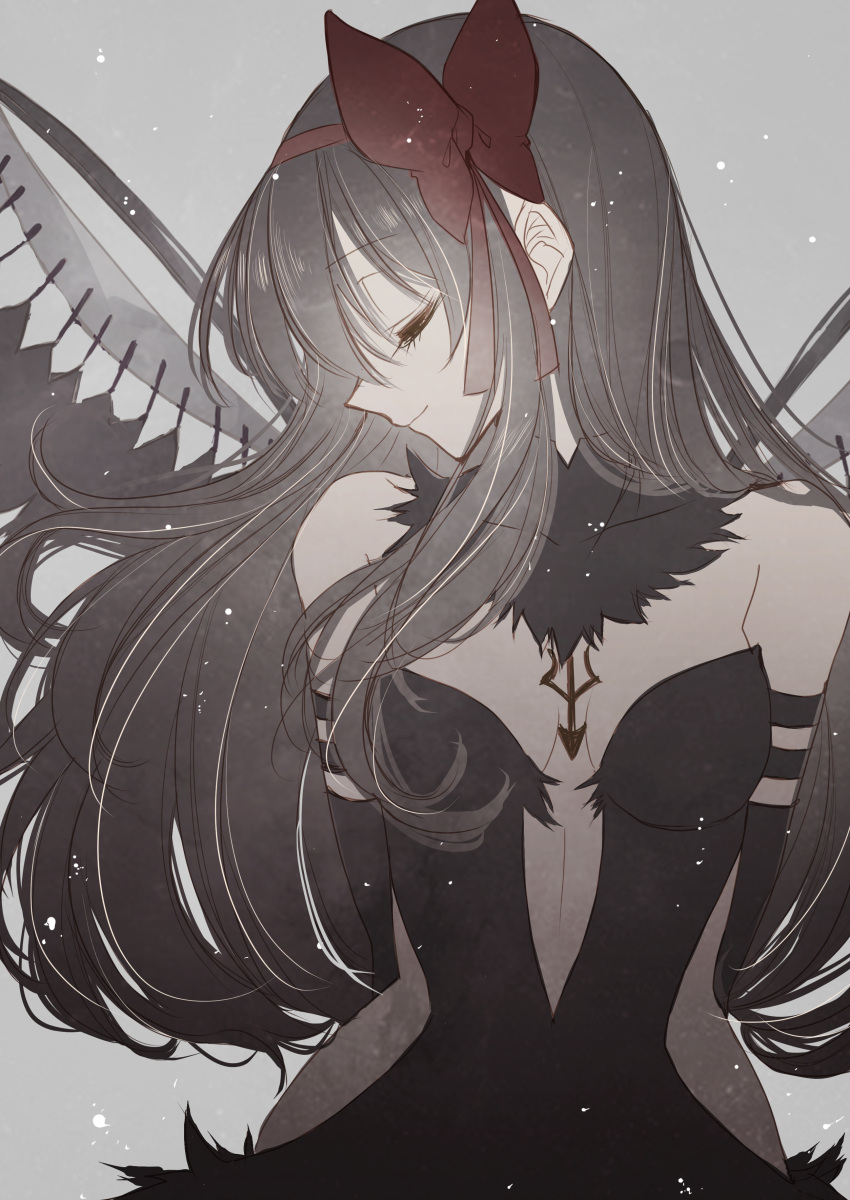 1girl absurdres akemi_homura akuma_homura bare_shoulders black_dress black_gloves black_hair black_wings bow choker closed_eyes closed_mouth dress elbow_gloves eyebrows_visible_through_hair feathered_wings gloves hair_bow hairband highres long_hair looking_down looking_to_the_side mahou_shoujo_madoka_magica mahou_shoujo_madoka_magica_movie misteor red_hairband sidelocks simple_background smile solo upper_body very_long_hair wings