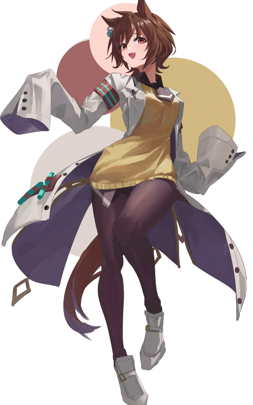 1girl :d absurdres agnes_tachyon_(umamusume) animal_ears bangs black_legwear black_neckwear breasts brown_hair eyebrows_visible_through_hair full_body highres hirasawagitai horse_ears horse_girl horse_tail labcoat looking_at_viewer medium_breasts multicolored multicolored_background necktie open_clothes open_mouth oversized_clothes pantyhose red_eyes short_hair sleeves_past_fingers sleeves_past_wrists smile solo sweater tail umamusume unbuttoned white_footwear yellow_sweater