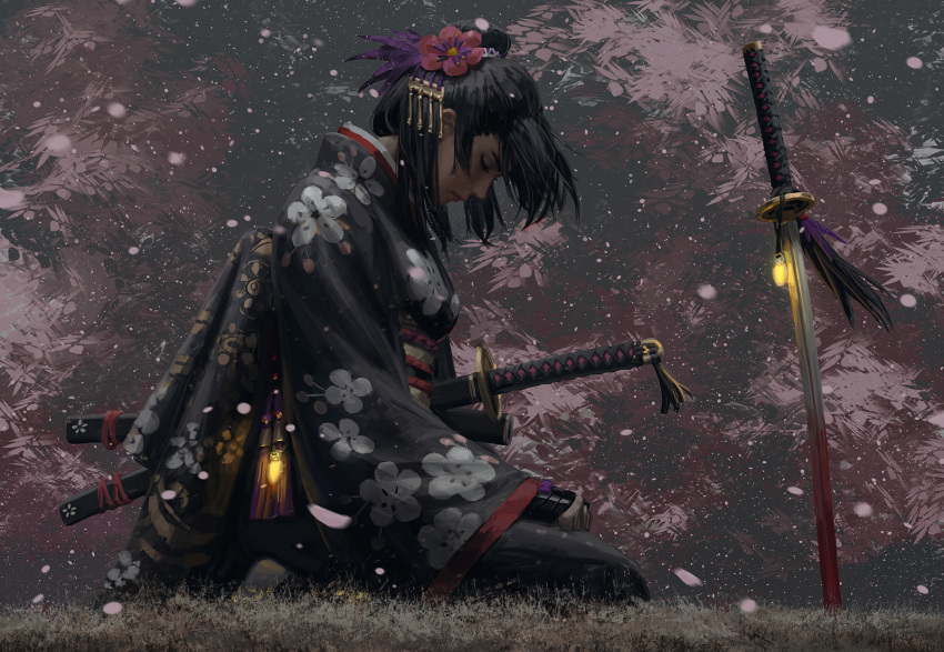1girl bangs black_hair black_kimono breasts closed_eyes closed_mouth commentary day english_commentary floral_print flower from_side full_body glowing guweiz hair_bun hair_flower hair_ornament highres japanese_clothes katana kimono long_sleeves obi on_grass original outdoors petals planted_sword planted_weapon print_kimono red_flower sash sheath sheathed sidelocks small_breasts solo sword unsheathed weapon wide_sleeves