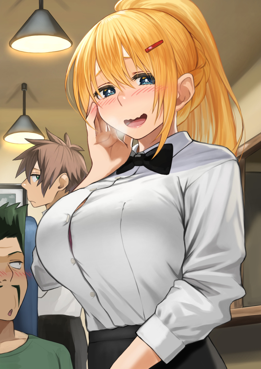 1girl 2boys blonde_hair blue_eyes blush breasts commentary_request darkness_(konosuba) hair_ornament highres izawa_koushi kono_subarashii_sekai_ni_shukufuku_wo! large_breasts long_hair looking_at_viewer multiple_boys ponytail satou_kazuma smile x_hair_ornament