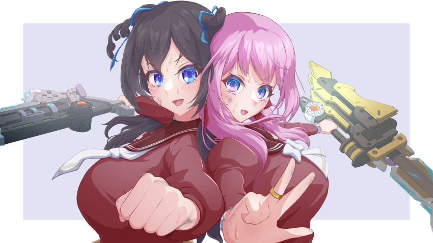 2girls assault_lily back-to-back bangs black_hair blue_eyes blue_ribbon blush border bow bowtie breasts brown_sailor_collar clenched_hand commentary_request dirty dirty_face dirty_hands drill_hair from_side hair_bow hair_ribbon hand_up heads_together highres holding holding_weapon jewelry kanba_girls_high_school_uniform large_breasts long_hair long_sleeves looking_at_viewer looking_to_the_side medium_breasts multiple_girls necktie open_mouth openvl outside_border outstretched_arms pink_hair purple_background red_bow red_shirt ribbon ring sadamori_himeka sailor_collar school_uniform serafuku shirt short_necktie simple_background smile sweat twintails two_side_up ueharu v-shaped_eyebrows weapon white_border white_bow white_bowtie white_necktie yokota_haruna