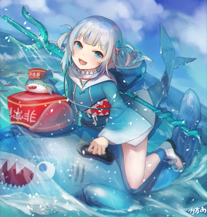 1girl absurdres arpeggio_kaga bangs blue_eyes blue_hair blue_legwear blue_sky clouds cloudy_sky full_body gawr_gura hat highres hololive hololive_english horizon long_hair long_sleeves multicolored_hair outdoors polearm riding_shark shark_tail shoes sky socks solo streaked_hair tail trident virtual_youtuber weapon weapon_on_back white_footwear white_hair wide_sleeves