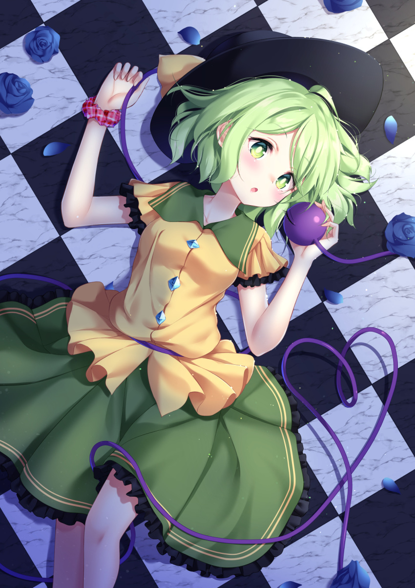 1girl bangs black_headwear blue_flower blue_rose checkered checkered_floor east01_06 eyebrows_visible_through_hair flower green_hair green_skirt hat hat_ribbon heart heart_of_string highres holding koishi_day komeiji_koishi lying on_back ribbon rose shirt short_hair short_sleeves skirt solo third_eye touhou yellow_ribbon yellow_shirt