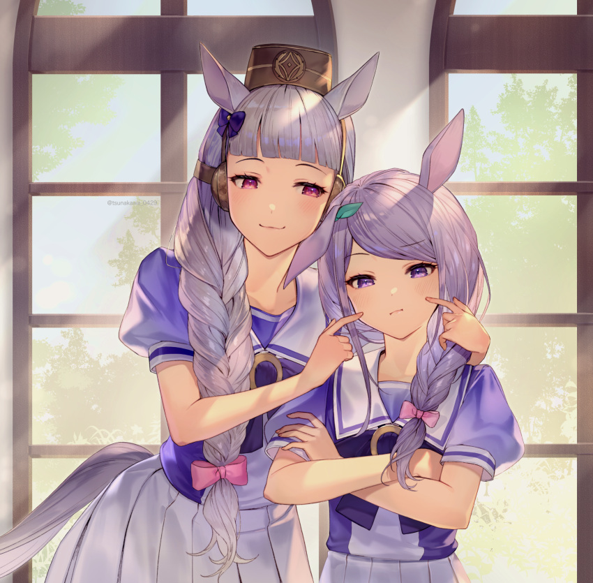2girls :3 animal_ears aqua_ribbon bangs blush bow braid braided_ponytail brown_headwear commentary_request crossed_arms ear_ribbon eyebrows_visible_through_hair gold_ship_(umamusume) hair_bow hands_on_another's_cheeks hands_on_another's_face highres horse_ears horse_girl horse_tail indoors looking_at_another looking_at_viewer mejiro_mcqueen_(umamusume) multiple_girls pillbox_hat pink_bow pink_eyes puffy_short_sleeves puffy_sleeves purple_bow purple_hair purple_shirt ribbon shirt short_sleeves silver_hair skirt swept_bangs tail tsunakawa twintails umamusume upper_body vector_trace violet_eyes white_skirt