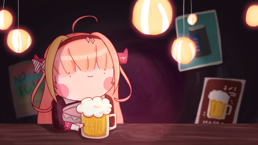 1girl ahoge alcohol bangs beer beer_mug blunt_bangs blush_stickers chibi counter cup highres hololive horns indoors kiryu_coco long_sleeves maciel_panqueques mug orange_hair poster_(object) smile solo virtual_youtuber