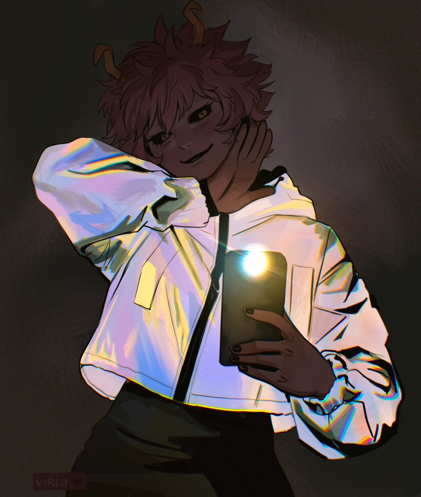 1girl absurdres arm_up artist_logo ashido_mina black_sclera boku_no_hero_academia cellphone colored_sclera female_pov fingernails head_tilt highres holding holding_phone horns jacket long_sleeves looking_at_viewer parted_lips phone pink_hair pov selfie shiny shiny_clothes short_hair skirt smartphone smile solo taking_picture upper_body viria13 yellow_eyes