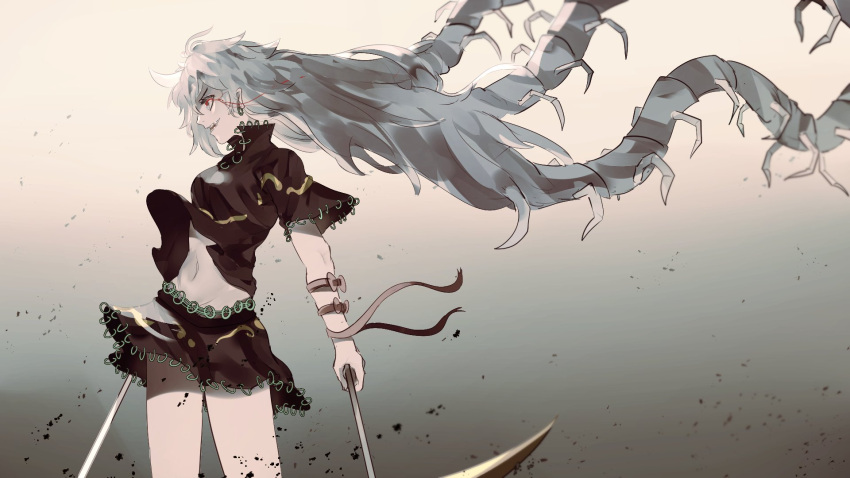 1girl black_shirt bug centipede earrings gradient gradient_background grey_eyes grey_hair highres himemushi_momoyo holding holding_weapon jewelry long_hair midriff naufaldreamer pickaxe ring shirt short_sleeves simple_background skirt solo touhou weapon