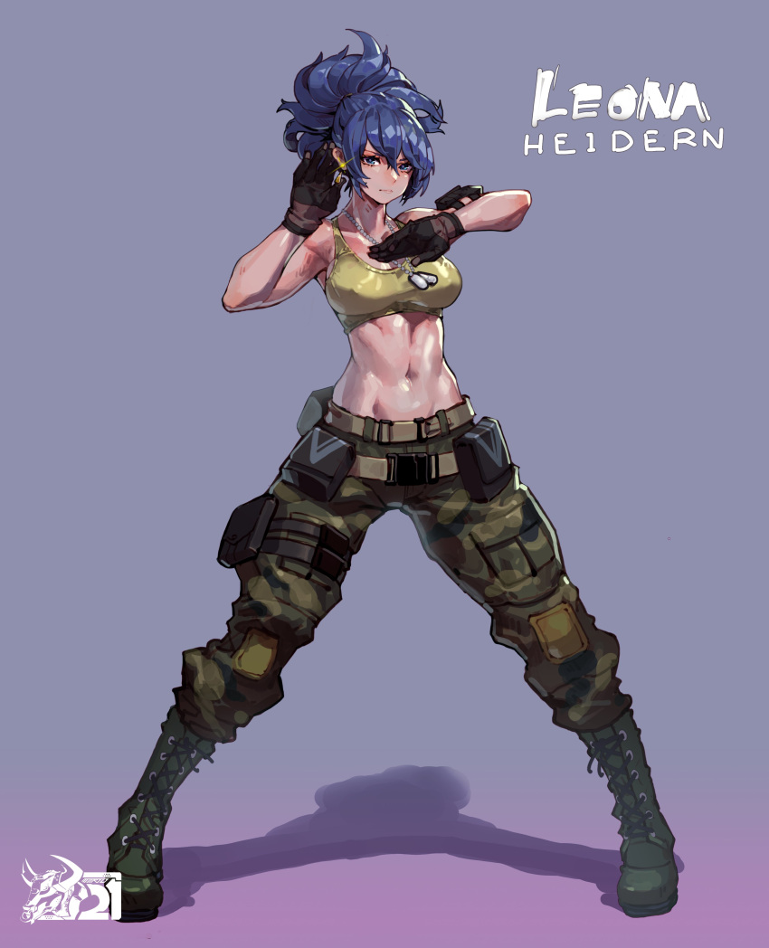 1girl abs absurdres ammunition_pouch armlet bare_shoulders belt biceps blue_eyes blue_hair breasts camouflage camouflage_pants character_name dog_tags earrings eyes gloves highres jewelry large_breasts leona_heidern mar10 midriff military military_uniform muscular muscular_female pants ponytail pouch sleeveless solo standing tank_top the_king_of_fighters the_king_of_fighters_xiv the_king_of_fighters_xv triangle_earrings uniform white_background yellow_tank_top