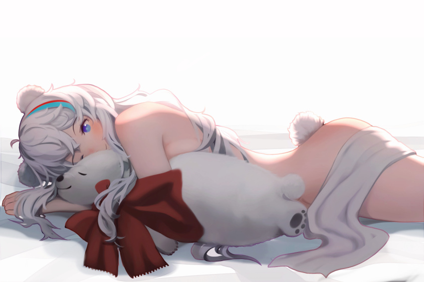 1girl absurdres animal_ears arknights bear_ears bear_girl bear_tail blue_eyes blue_hair highres laozhanshi long_hair looking_at_viewer lying multicolored_hair nude on_side one_eye_closed red_ribbon redhead ribbon rosa_(arknights) smile solo streaked_hair stuffed_seal tail towel white_background white_hair