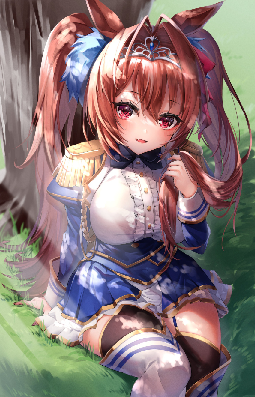 1girl 40_(0f0urw) absurdres bangs blue_jacket blue_skirt blush breasts brown_hair brown_legwear commentary_request daiwa_scarlet_(umamusume) day epaulettes eyebrows_visible_through_hair fang garter_straps grass hair_between_eyes hair_intakes hair_ornament hand_up highres holding holding_hair jacket large_breasts long_hair long_sleeves looking_at_viewer open_mouth outdoors red_eyes shirt sitting skin_fang skirt smile solo thigh-highs tiara tree twintails umamusume very_long_hair white_legwear white_shirt