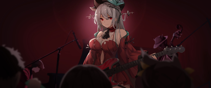 1girl 5others absurdres aqua_headwear arknights auguste bangs bare_shoulders blush breasts chinese_commentary closed_mouth clothing_cutout commentary detached_sleeves dress eyebrows_visible_through_hair frilled_sleeves frills guitar hair_between_eyes hair_ornament hat highres holding holding_instrument instrument long_hair long_sleeves looking_at_viewer medium_breasts microphone microphone_stand multiple_others navel navel_cutout red_background red_dress red_eyes red_sleeves silver_hair skadi_(arknights) skadi_the_corrupting_heart_(arknights) sleeveless sleeveless_dress smile upper_body very_long_hair wide_sleeves