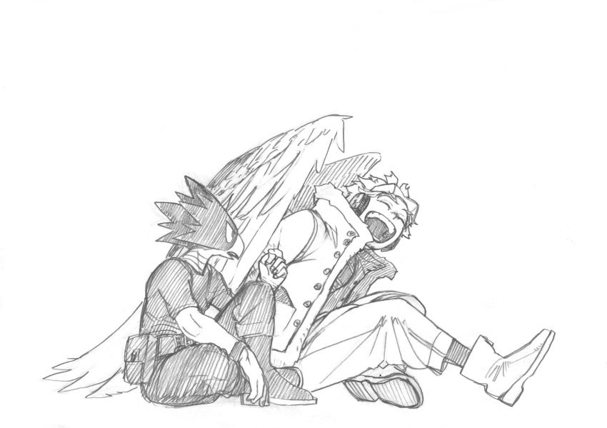 2boys absurdres boku_no_hero_academia boots closed_eyes commentary_request feathered_wings full_body hawks_(boku_no_hero_academia) highres horikoshi_kouhei jacket laughing male_focus monochrome multiple_boys open_mouth pants shirt sitting sketch tokoyami_fumikage wings