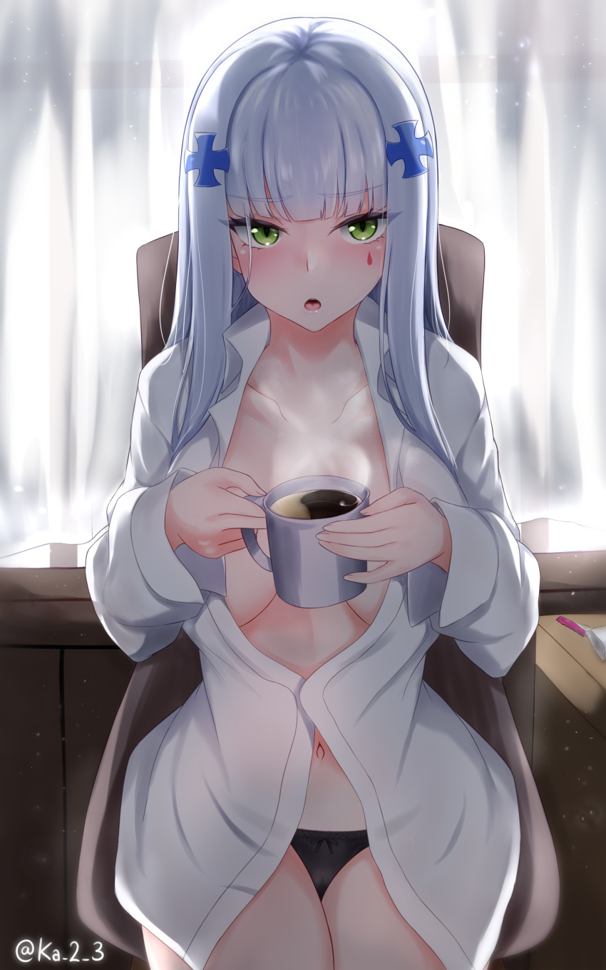 1girl absurdres artist_name bangs black_panties blunt_bangs breasts chair coffee collarbone commentary_request cup curtains dress_shirt drink dust_particles eyebrows_visible_through_hair eyes_visible_through_hair facial_mark facing_viewer girls_frontline green_eyes hair_ornament highres hk416_(girls_frontline) holding holding_cup indoors katsumi-kun large_breasts long_hair long_sleeves looking_at_viewer mug navel no_bra on_chair open_clothes open_mouth open_shirt panties shirt signature silver_hair sitting solo steam teardrop twitter_username underwear white_shirt