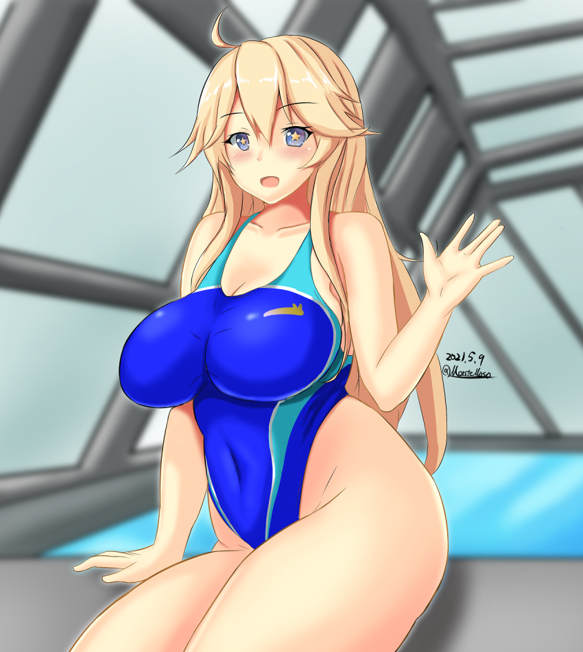 1girl blonde_hair blue_eyes blue_swimsuit breasts competition_swimsuit dated highleg highleg_swimsuit highres impossible_clothes impossible_swimsuit iowa_(kancolle) kantai_collection large_breasts long_hair looking_at_viewer montemasa multicolored multicolored_clothes multicolored_swimsuit one-piece_swimsuit pool rei_no_pool star-shaped_pupils star_(symbol) swimsuit symbol-shaped_pupils twitter_username waving