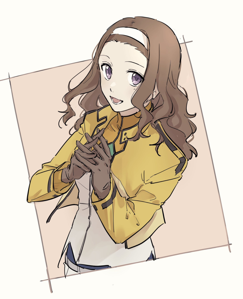 1girl breasts brown_gloves brown_hair celestial_being_uniform from_above gloves gundam gundam_00 gundam_00_a_wakening_of_the_trailblazer hairband hands_together highres jacket long_hair looking_at_viewer looking_up mileina_vashti nanao_parakeet open_mouth small_breasts smile solo violet_eyes white_hairband yellow_jacket