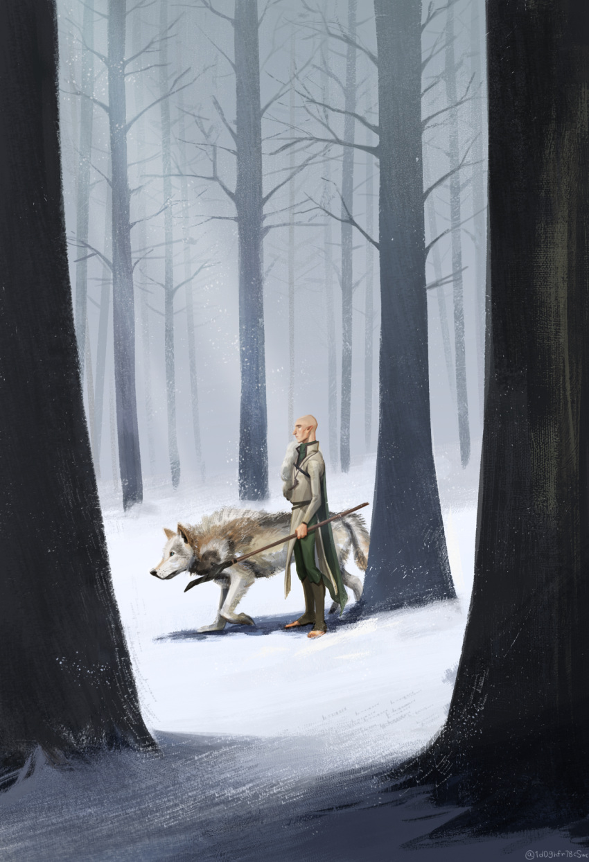 1boy artist_name bald bare_tree boots cape cheetahman_(1ddghfr78cswc) dragon_age dragon_age:_inquisition elf forest from_side highres male_focus nature outdoors pants pointy_ears polearm shirt snow snowing solas solo spear tree weapon winter wolf