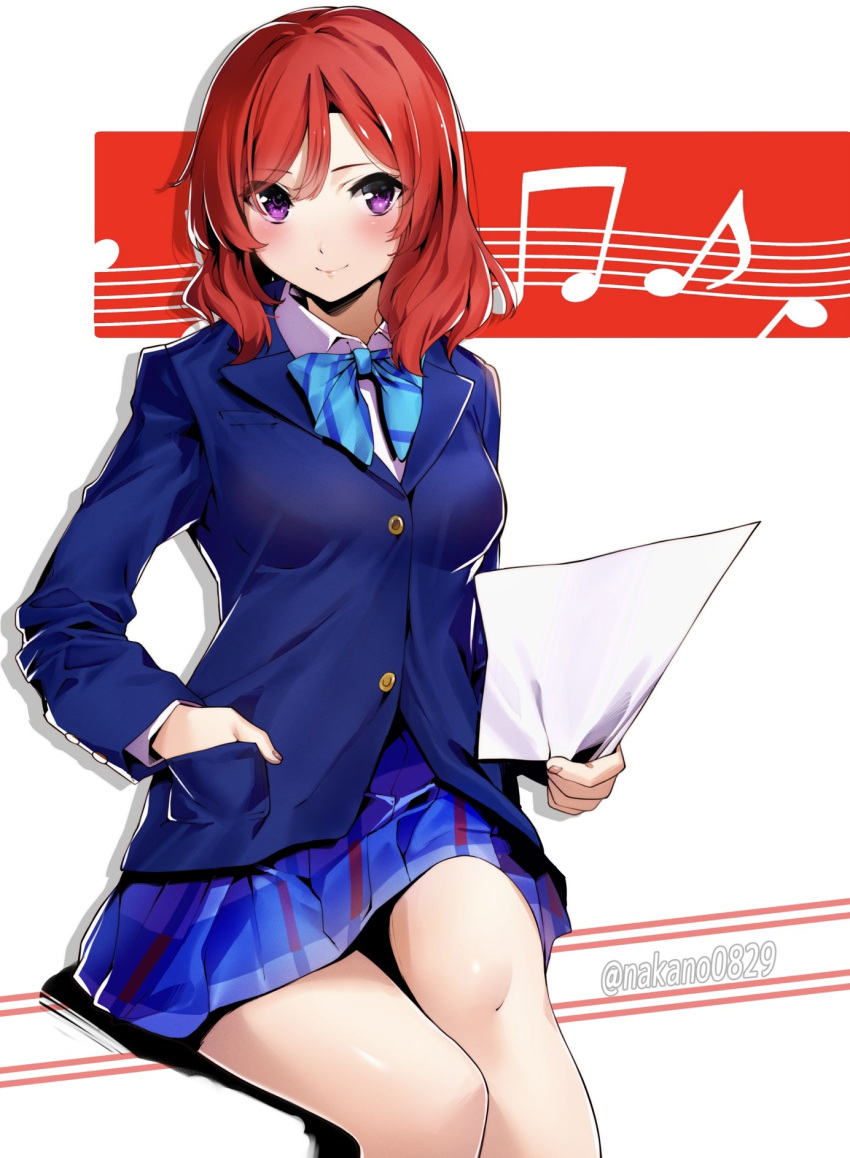 1girl blue_neckwear blue_skirt bow bowtie breasts closed_mouth eyebrows_visible_through_hair hand_in_pocket highres long_sleeves looking_at_viewer love_live! love_live!_school_idol_project medium_breasts musical_note nakano_maru nishikino_maki plaid plaid_skirt redhead school_uniform short_hair skirt smile solo striped striped_neckwear thighs twitter_username violet_eyes