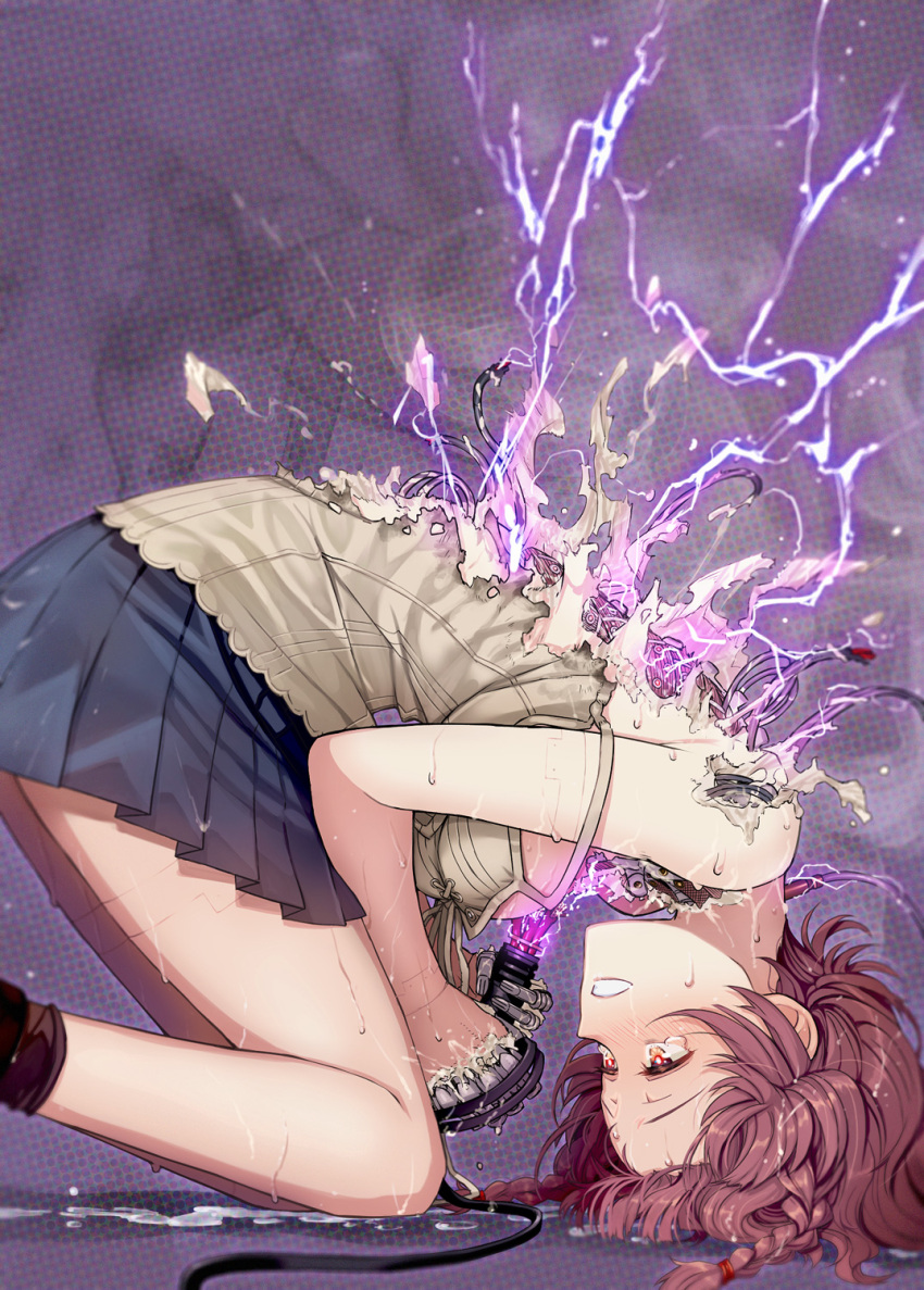 android android_girl_(itou) black_skirt blush braid camisole curled_up electricity explosion from_side highres itou_(onsoku_tassha) joints mechanical_parts melting miniskirt open_mouth original red_eyes redhead revision robot_joints short_hair side_braid skirt strap_slip sweat tears