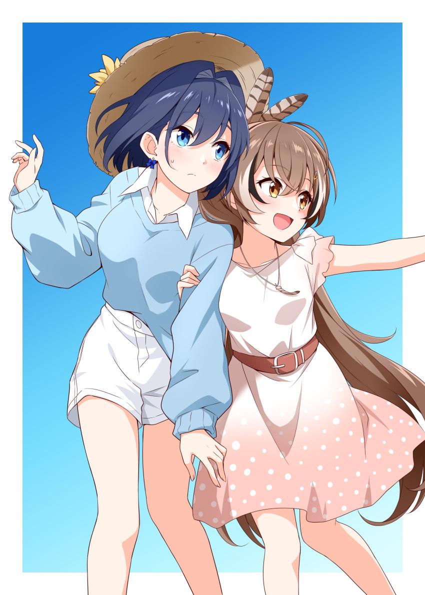 2girls :d absurdres ahoge alternate_costume bangs belt blue_eyes blue_hair blue_sweater brown_eyes brown_hair collared_shirt commentary dress english_commentary feather_hair_ornament feather_necklace feathers felutiahime flower hair_intakes hair_ornament hand_on_another's_arm hat high-waist_shorts highres hololive hololive_english jewelry long_hair looking_to_the_side multicolored_hair multiple_girls nanashi_mumei necklace ouro_kronii outstretched_arm polka_dot polka_dot_dress ponytail pulled_by_another ribbon_earrings shirt short_hair simple_background smile straw_hat streaked_hair sundress sunflower sweatdrop sweater very_long_hair virtual_youtuber white_shirt yuri