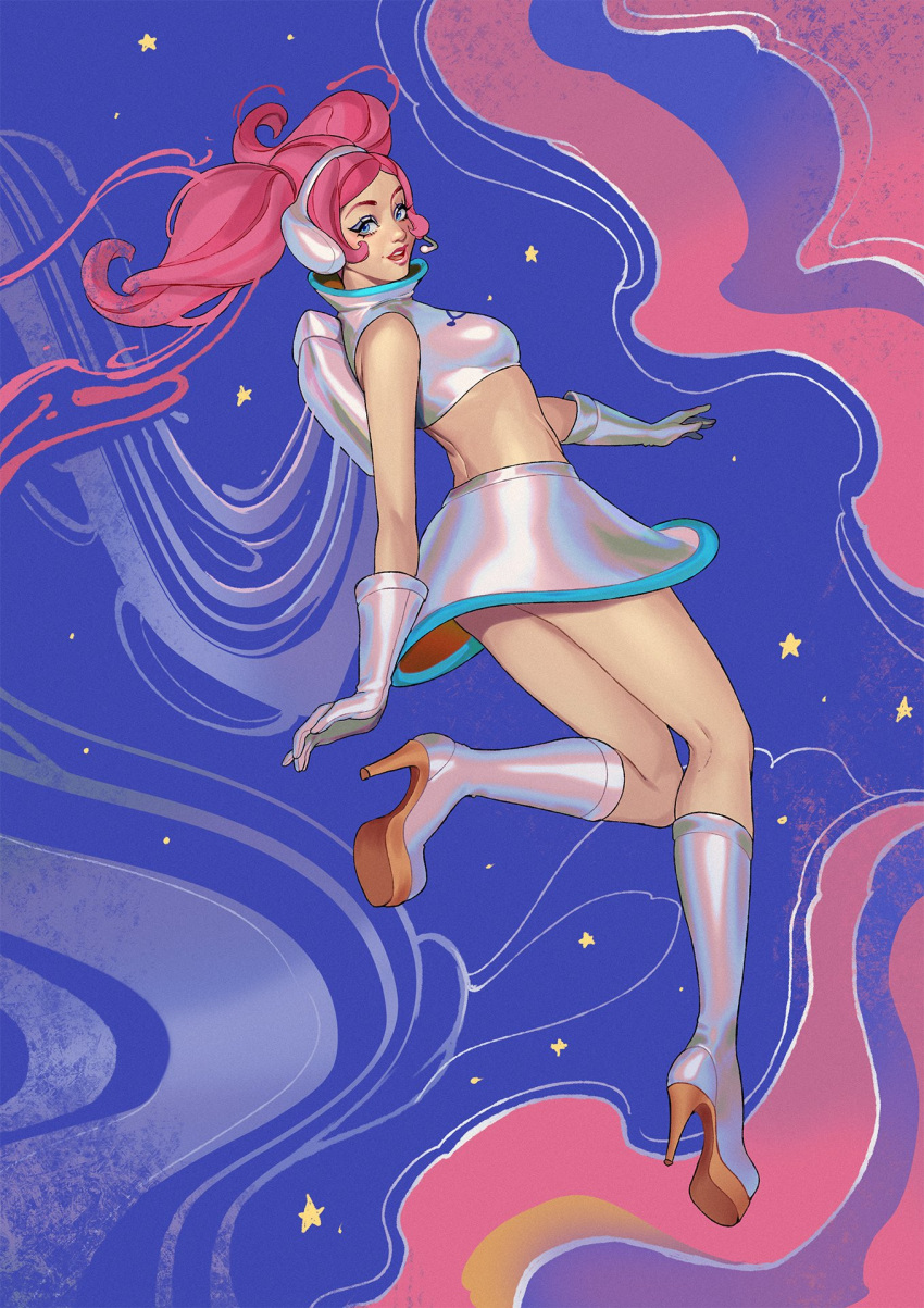 1girl blue_eyes breasts crop_top from_behind full_body gloves high_heels highres leg_up long_hair medium_breasts microphone midriff open_mouth oskar_vega pink_hair shiny_footwear skirt smile solo space_channel_5 star_(symbol) twintails ulala