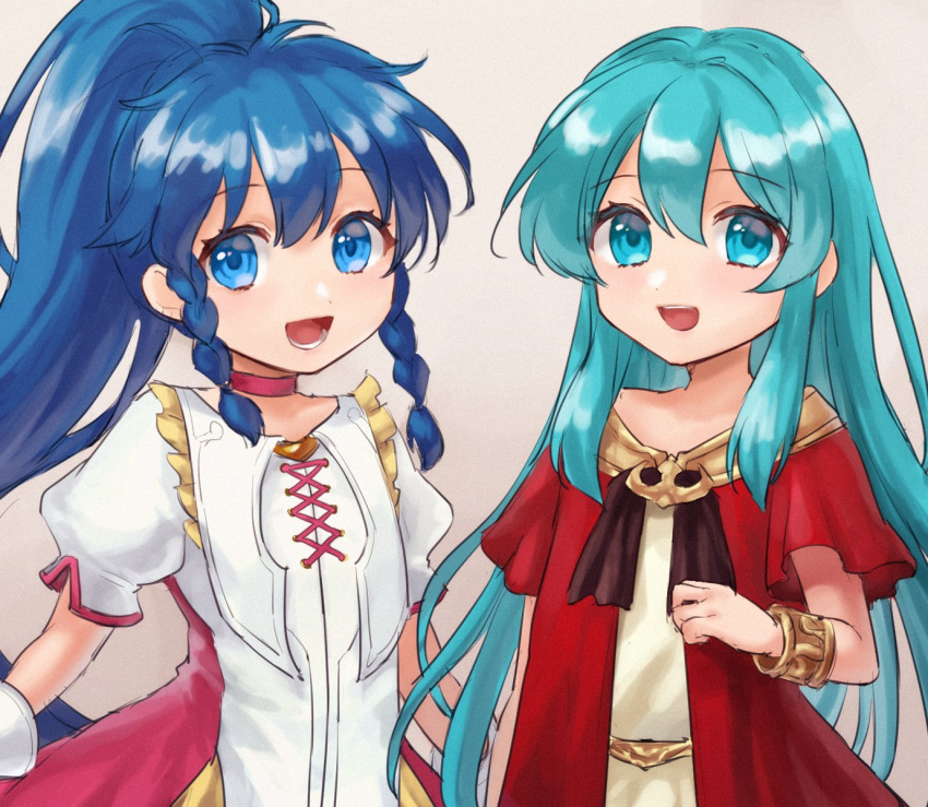 2girls :d aqua_hair bangs beige_background blue_eyes blue_hair bracelet braid choker cute dress eirika_(fire_emblem) eyebrows_visible_through_hair fire_emblem fire_emblem:_seima_no_kouseki fire_emblem:_the_sacred_stones fire_emblem_8 fire_emblem_heroes hair_between_eyes hazuki_(nyorosuke) highres intelligent_systems jewelry long_hair looking_at_viewer moe multiple_girls nintendo official_alternate_costume open_mouth ponytail puffy_sleeves short_dress sidelocks smile tana_(fire_emblem) twin_braids younger