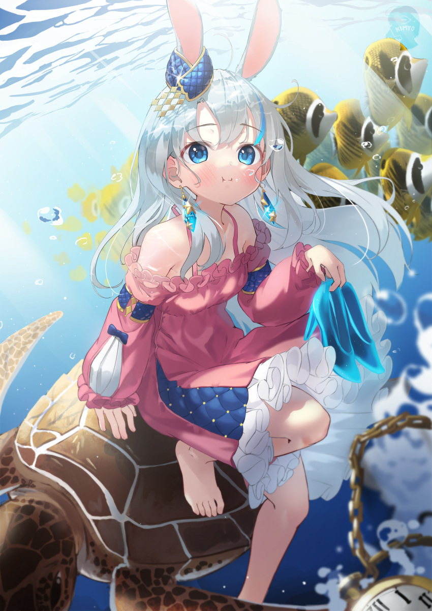 1girl absurdres animal_ears bangs bare_shoulders barefoot blue_eyes blue_hair blush breasts chain closed_mouth earrings eyebrows fish gradient_hair hair_ornament high_heels highres holding holding_shoes huge_filesize jewelry kimyo long_hair long_sleeves multicolored_hair original pocket_watch rabbit_ears shoes sitting sleeves_past_wrists small_breasts turtle two-tone_hair underwater watch white_hair