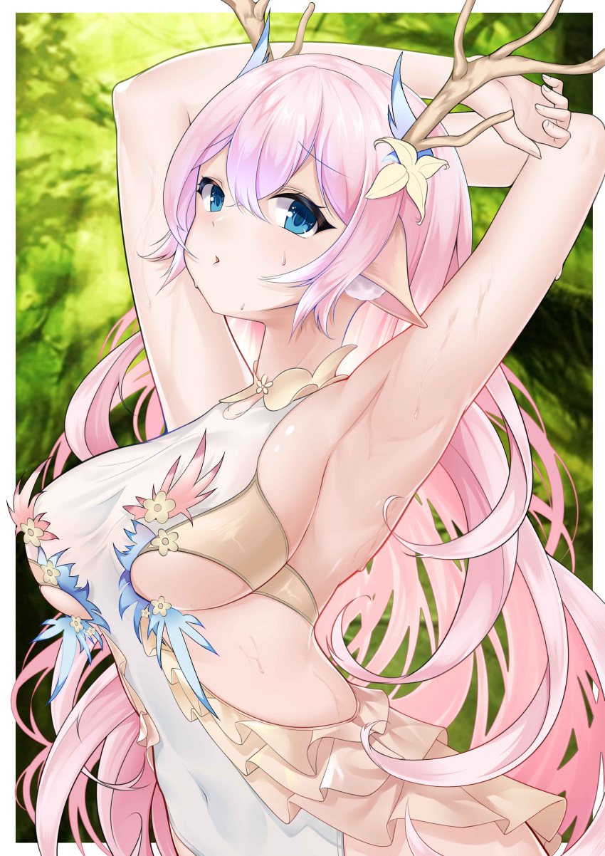 1girl absurdres animal_ears antlers armpits arms_up bangs blue_eyes breasts chinese_commentary commentary_request copyright_request covered_navel eyebrows_visible_through_hair flower gradient_hair hair_between_eyes hair_flower hair_ornament highres large_breasts leotard long_hair looking_at_viewer mikawa_sansen multicolored_hair parted_lips pink_hair purple_hair solo sweat upper_body very_long_hair white_leotard yellow_flower