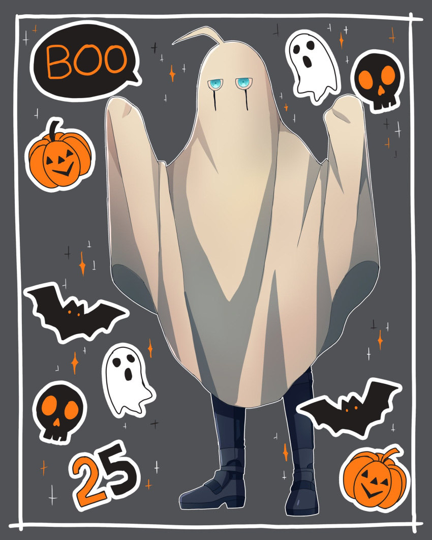 1boy ahoge android animal cat cheer_(cheerkitty14) dangan_ronpa_(series) dangan_ronpa_v3:_killing_harmony english_commentary ghost ghost_costume grey_background grey_eyes halloween hands_up highres jack-o'-lantern keebo looking_at_viewer no_humans pumpkin sparkle speech_bubble
