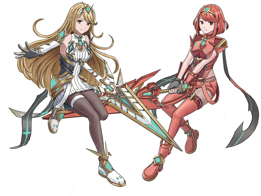 2girls aegis_sword_(xenoblade) bangs bare_shoulders black_gloves blonde_hair breasts chest_jewel dress earrings elbow_gloves fingerless_gloves full_body gloves god_of_kotatsu highres holding holding_sword holding_weapon jewelry long_hair medium_breasts multiple_girls mythra_(massive_melee)_(xenoblade) mythra_(xenoblade) pantyhose pyra_(xenoblade) red_eyes red_legwear red_shorts redhead short_dress short_hair short_shorts shorts smile super_smash_bros. swept_bangs sword thigh-highs thigh_strap tiara weapon white_dress white_footwear white_gloves xenoblade_chronicles_(series) xenoblade_chronicles_2 yellow_eyes