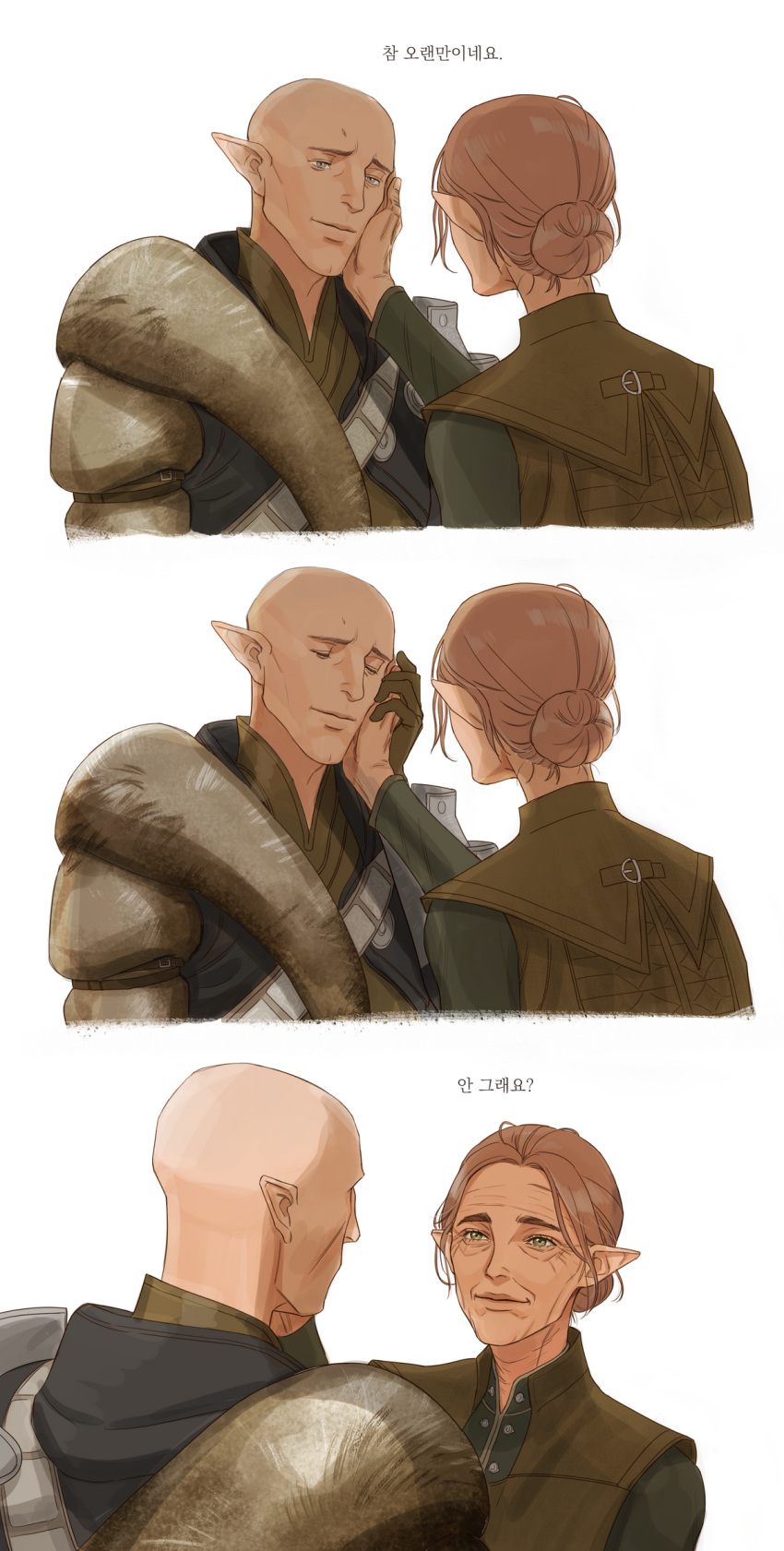 1boy 1girl bald cheetahman_(1ddghfr78cswc) couple dragon_age dragon_age:_inquisition elf gloves green_eyes grey_eyes hair_bun hand_on_another's_face hetero highres inquisitor_(dragon_age) korean_text old old_woman pointy_ears redhead shirt smile solas wrinkles