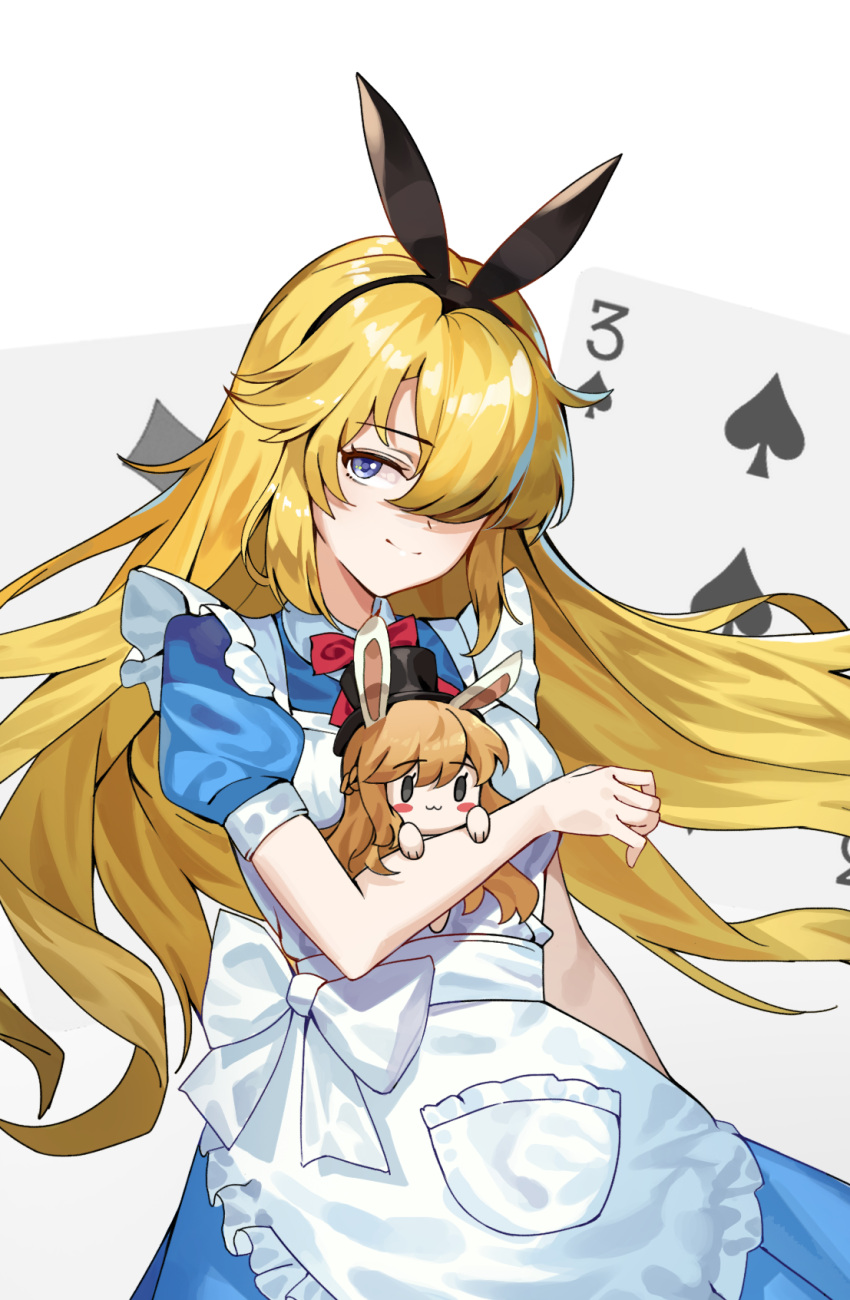 alice_(wonderland) alice_(wonderland)_(cosplay) alice_in_wonderland alternate_costume apron asymmetrical_bangs bangs blonde_hair blue_dress blue_eyes blush cosplay diamond_(shape) dress eyebrows_visible_through_hair future_princess guardian_tales hairband highres holding long_hair looking_at_viewer nogong red_ribbon ribbon simple_background spade_(shape)