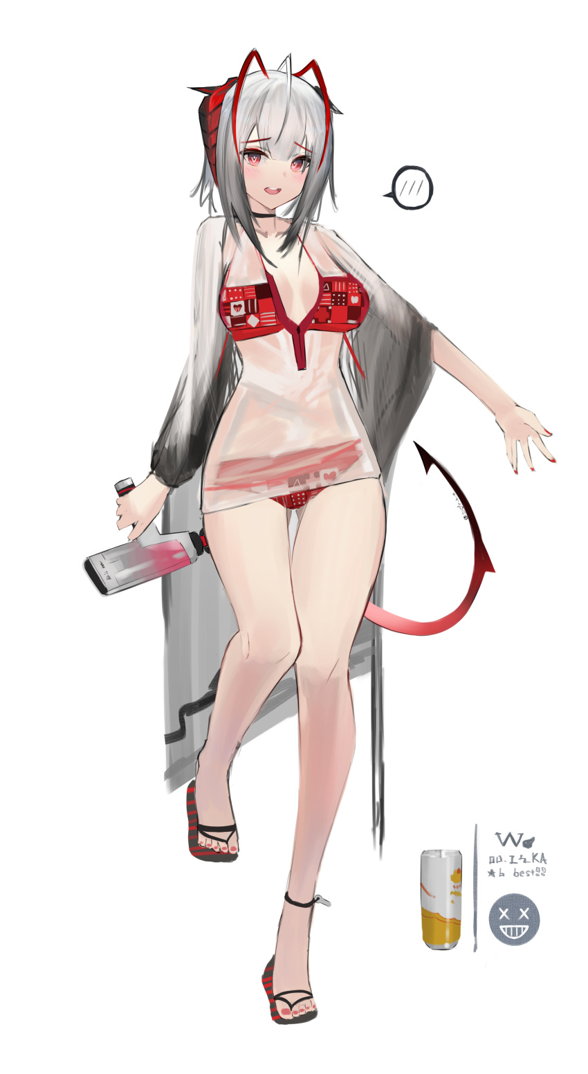 1girl absurdres alternate_costume antennae arknights bikini blush demon_girl demon_horns demon_tail eugle_na full_body grey_hair highres holding horns looking_at_viewer medium_hair open_mouth red_bikini red_eyes red_nails sandals see-through_shirt simple_background solo spoken_blush swimsuit tail w_(arknights) white_background