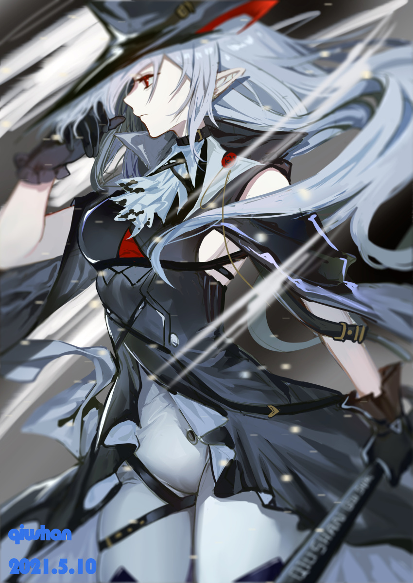 1girl absurdres arknights artist_name ascot black_gloves black_headwear cowboy_shot dated floating_hair from_side gladiia_(arknights) gloves grey_hair grey_neckwear hat highres holding holding_sword holding_weapon long_hair looking_to_the_side pants pointy_ears qiushan red_eyes solo sword very_long_hair weapon white_pants