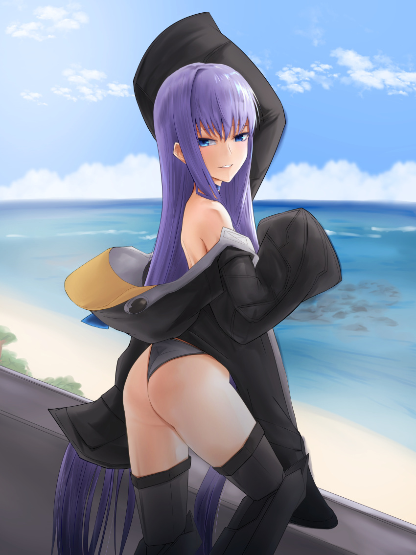 1girl absurdres animal_hood ass back bangs bare_shoulders beach bikini black_bikini black_jacket blue_bow blue_eyes blue_sky blush bow breasts choker fate/grand_order fate_(series) greaves highres hood jacket long_hair long_sleeves looking_at_viewer meltryllis_(fate) meltryllis_(swimsuit_lancer)_(fate) off_shoulder open_clothes open_jacket penguin_hood pororitsutaya prosthesis prosthetic_leg purple_hair sky sleeves_past_fingers sleeves_past_wrists small_breasts smile swimsuit thighs very_long_hair