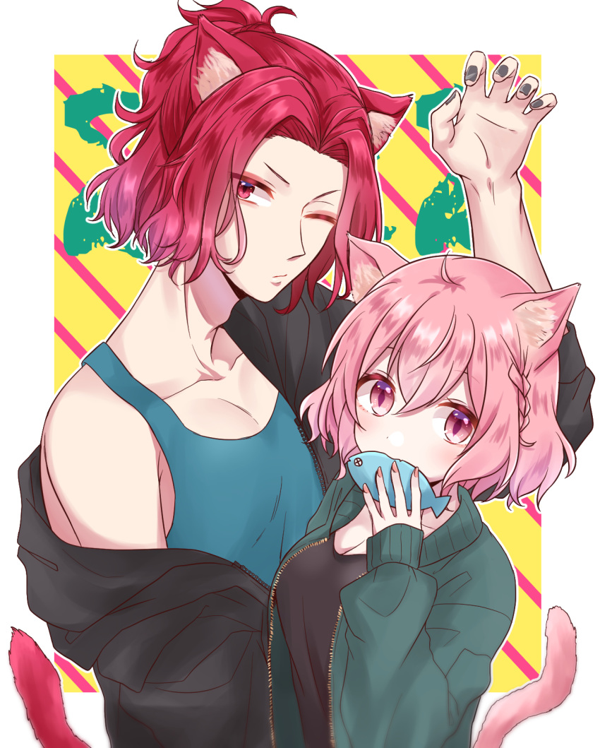 1boy 1girl animal_ears araki_(utaite) breasts cat_ears cat_tail closed_eyes earrings fish highres jewelry looking_at_viewer niconico nqrse open_mouth pink_eyes pink_hair red_eyes rummy_73 short_hair simple_background tail utaite_(singer) vest