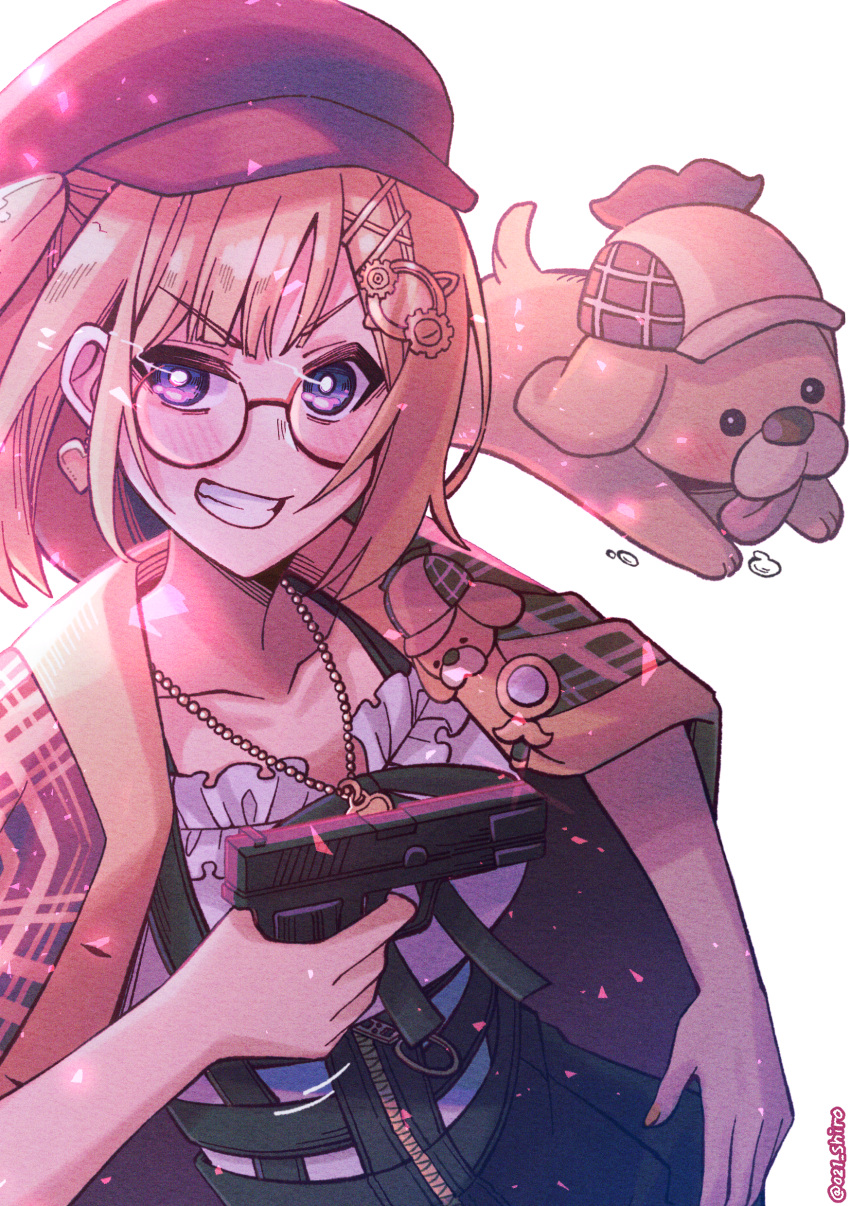 021_shiro absurdres blonde_hair blue_eyes bubba_(watson_amelia) glasses grin gun hair_ornament handgun hat highres holding holding_gun holding_weapon hololive hololive_english jewelry looking_at_viewer monocle_hair_ornament necklace pistol round_eyewear smile twitter_username v-shaped_eyebrows virtual_youtuber watson_amelia weapon