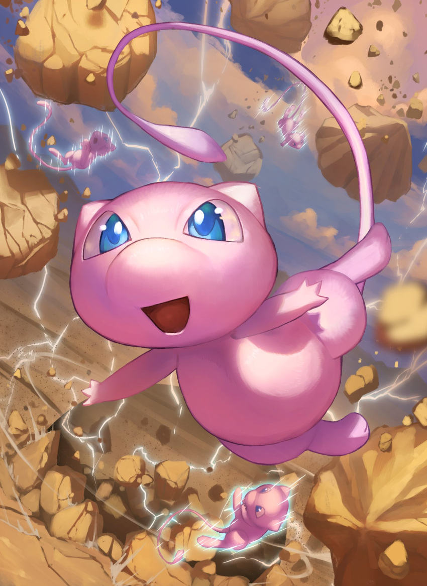 :d blue_eyes clouds commentary day electricity flying gen_1_pokemon highres mew mythical_pokemon no_humans open_mouth outdoors outstretched_arms pokemon pokemon_(creature) rock sky smile spareribs toes tongue