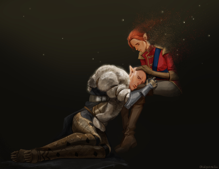1boy 1girl armor bald boots cheetahman_(1ddghfr78cswc) closed_eyes dissolving dragon_age dragon_age:_inquisition elf freckles fur_collar gloves hand_on_another's_head hetero inquisitor_(dragon_age) lap_pillow pants pointy_ears redhead sash shirt simple_background solas