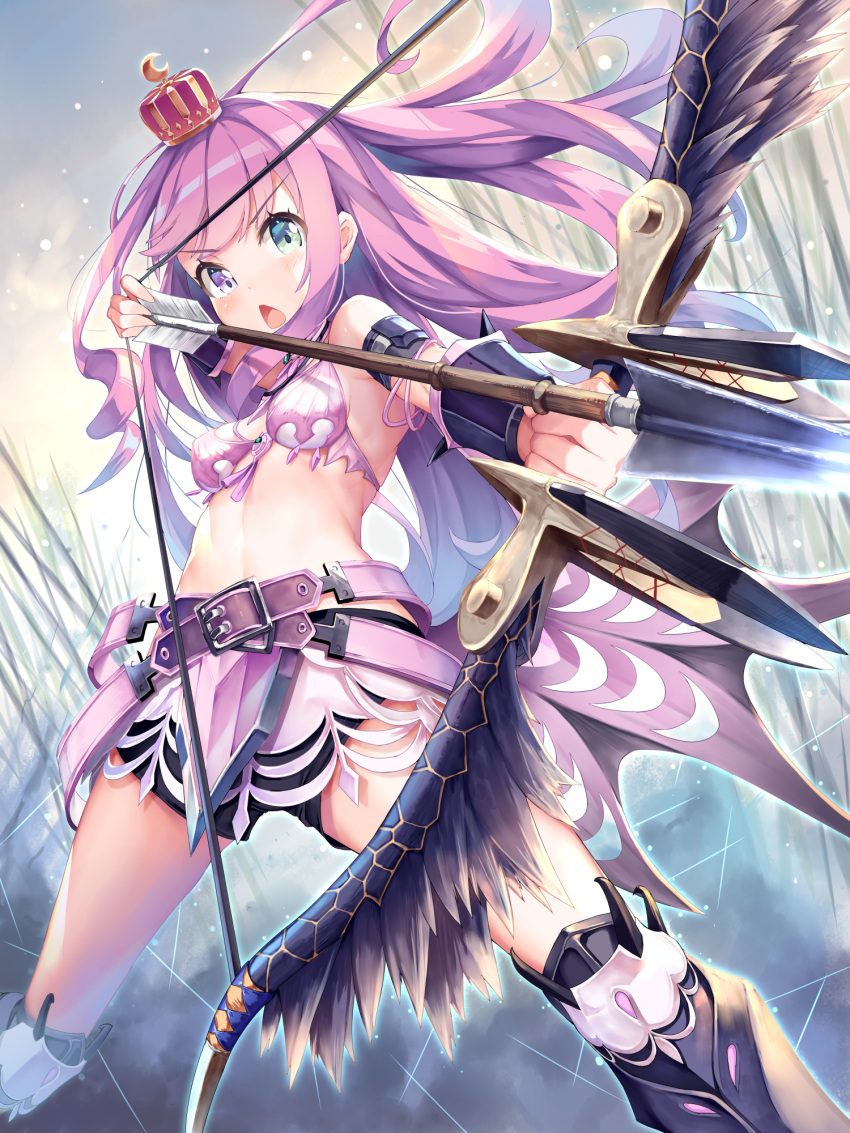 1girl alternate_costume arrow_(projectile) belt bow_(weapon) bra buruma crown fantasy heterochromia highres himemori_luna holding holding_bow_(weapon) holding_weapon hololive long_hair mogmog open_mouth pink_bra pink_hair solo underwear v-shaped_eyebrows virtual_youtuber weapon