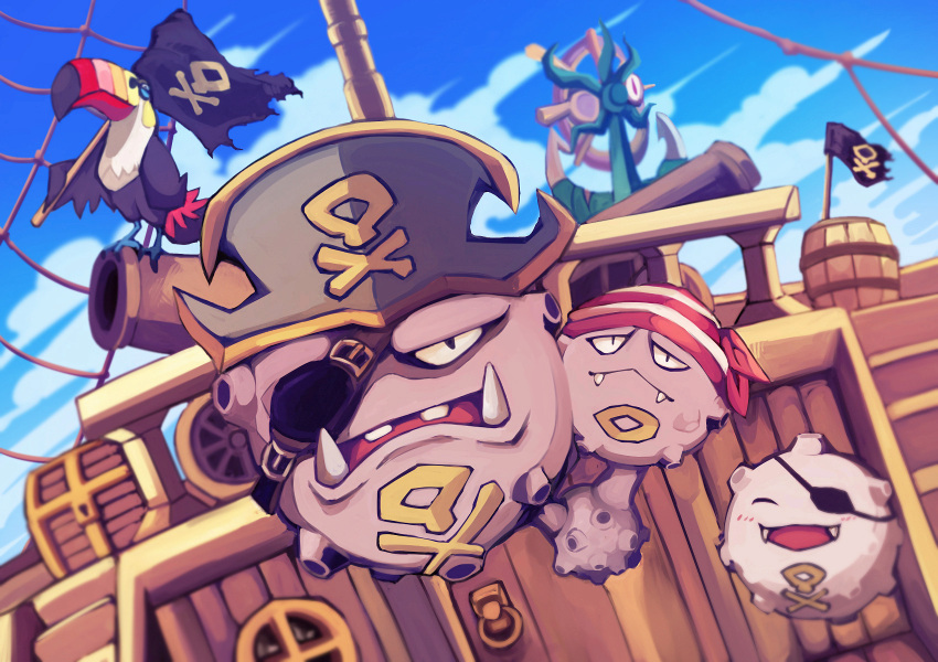 bandana barrel clouds commentary_request day dhelmise eyepatch fangs flag gen_1_pokemon gen_7_pokemon hat hatted_pokemon highres koffing levitate_(pokemon) no_humans open_mouth outdoors pirate pirate_hat pokemon pokemon_(creature) pokemon_ability ship sky smile toucannon watercraft weezing yottur