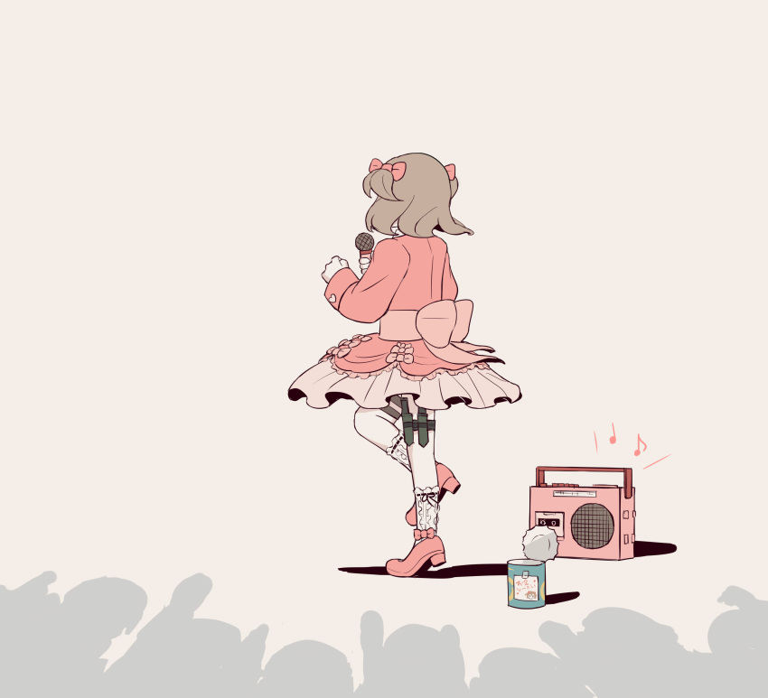 1girl 6+others absurdres avogado6 beige_background belt_bow bow brown_hair busking can commentary_request dancing dress frilled_dress frilled_legwear frilled_sleeves frills from_behind full_body hair_bow hands_up highres holster knee_up kneehighs knife knife_holster layered_dress long_sleeves medium_hair microphone multiple_others music musical_note original pink_bow pink_dress pink_footwear pleated_dress radio shadow short_twintails simple_background singing solo_focus thigh_holster twintails white_legwear