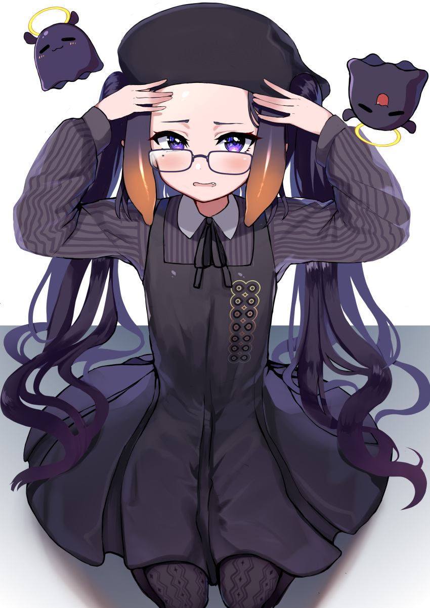 1girl absurdres beret black_dress blush commentary_request dress fang flat_chest glasses halo hands_up hat highres hololive long_hair looking_at_viewer mole mole_under_eye ninomae_ina'nis open_mouth pantyhose purple_hair seiza simple_background sitting solo trap_(drthumt) twintails very_long_hair violet_eyes white_background